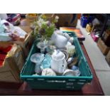 Box containing a variety of crockery and china plus glassware, quinper ware and artificial flowers