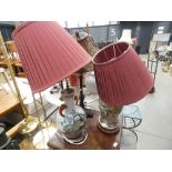 Two Oriental pattern table lamp, plus a lamp with shade and droplets