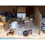 Cage cont. paperweights, modern barometer, decanter, glasses, coffee mugs