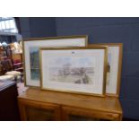 Painting of lake, watercolour of thatched cottages plus a baxter Yorkshire dales print