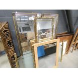 3 mirrors in faux bamboo frames, a glass panel, mirror in beech frame, 2 narrow rectangular