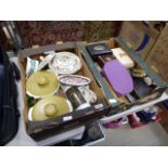 2 boxes containing dressing table brushes and mirror, cased cutlery sets and variety of Denby and