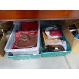 Three boxes containing handbags, tea caddy, commemorative mugs and china