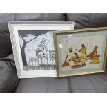 Three African batiks, village scenes and antelope