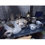 Cage containing silver plated ware to incl. tea service, part cruet set, cutlery and dishes