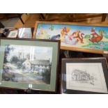 A quantity of children's prints, plus prints of a church and country cottage