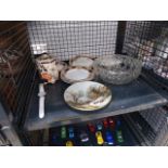 Cage cont. glass fruit bowl, wristwatch, Mason's china, floral patterned crockery
