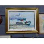 Modern oil on canvas fisherman with boats