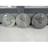 2 metal circular wall plaques depicting Shakespeare and a nobleman, plus modern circular plaster