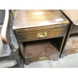 Pair of dark wood and brass inlaid side tables with single drawer and shelf under