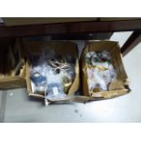 Three boxes containing fruit patterned crockery, water jugs, silver plated goblets, plus a