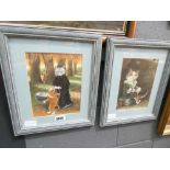 (3) Pair of comical cat prints 'Mother cat and kitten in pram' plus 'Cat with bubbles'
