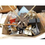 Box containing maps, ornamental swords, walking stick, carriage clock, DVD's, decanters and