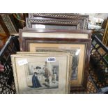 Box containing French court prints, engravings, a view of Bedford, city scape's, church interior