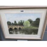 A watercolour, bridge, swans and stream