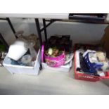 3 boxes cont. glass vases, dolls house furniture, fruit bowl, and ornaments