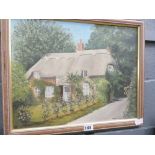 An oil ob board, thatched country cottage