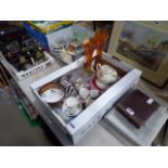 Box containing milk jugs, a tea pot, general crockery, plus a toast rack and glass vases