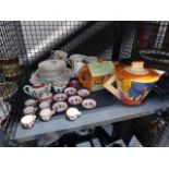 Cage cont. miniature Japanese tea service, paperweight, rose patterned crockery, novelty teapot, and