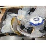 A box containing Royal Doulton Regency Gold crockery, small tureen plus fruit bowls and general