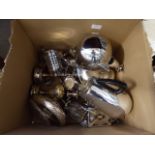 Box containing silver plated to include dishes and ornamental pheasant, coffee and tea pots