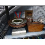 Cage cont. tea caddy, Portuguese pottery, other china, annuals and pewter clad cigarette box