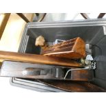 A box containing a carpenter's plane, a brass serving tray, a vintage cricket bat, a letter rack,