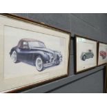 3 framed and glazed prints of classic cars