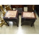 Two carved Chinese lamp tables with marble inserts - as found