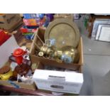 Three boxes containing brass ware, to include a tray, jug and goblets plus tea pots and glassware,