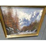Oil on canvas 'Snowy mountains, river and spruce trees'