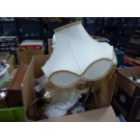Two boxes containing an oil lamp plus a floral decorated table lamp and lamp shade
