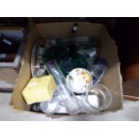 Two boxes containing glassware, ginger jars, general china, trays and pictures
