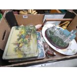 Box containing seashells, ornamental castle plus other ornaments and a serving platter