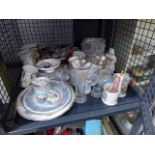Cage containing quantity of collector's plates, Emari china, commemorative mugs, and glassware