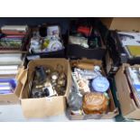 4 boxes cont. clutch bags, crockery, copper and brassware, glassware and household items