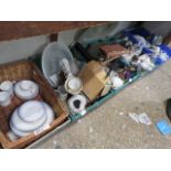 5 crates of various housewares incl. wicker basket, ceramics, glassware, vases, etc.