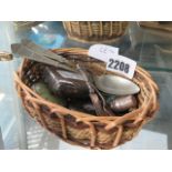 Small wicker basket containing mixed silver items incl. spoons, watches, etc.