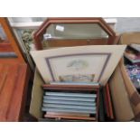 (2634) Box of various pictures in frames with 4 larger pictures and mirrors