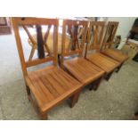 Stack of 4 rustic teak panel seated dining chairs