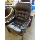 (2141) Wooden framed mid century brown button back upholstered easy chair *Collector's Item: Sold in