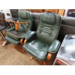 Pair of green leatherette upholstered swivel easy chairs with 1 matching footstool