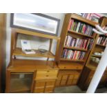 Mid century teak furniture suite comprising open front bookcase with cupboard storage, matching