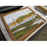 4 framed landscapes and cityscapes incl. oil of Kentish river scene by R. C. Jordan