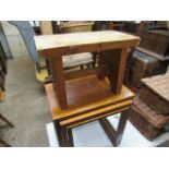 Nest of 3 teak coffee tables and milking stool