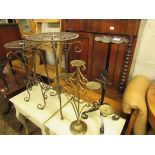 Collection of wrought metal decorative items incl. 2 plant stands and 2 candlesticks