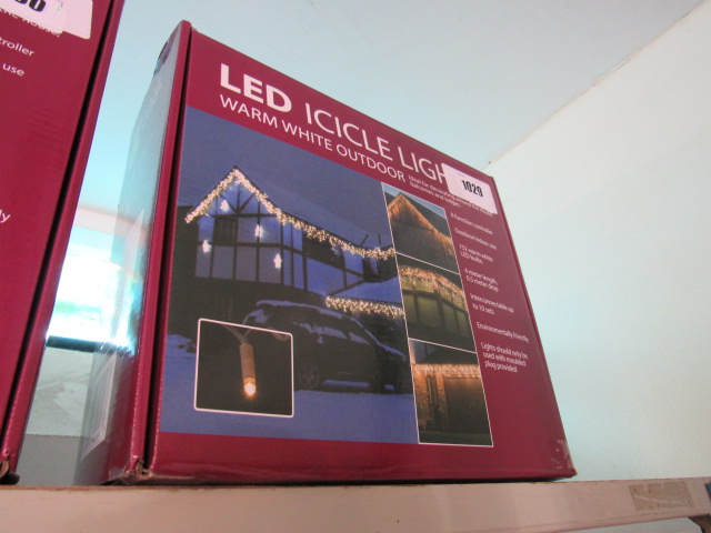 Boxed set of LED icicle lights in warm white