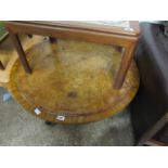 (2216) Leather top circular coffee table on mahogany 3 star base