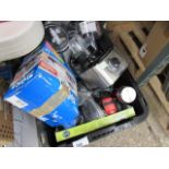 Box containing mixed kitchen items incl. juicer, processor parts, zip loc bags, etc.