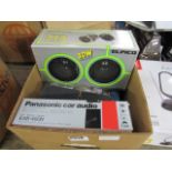 Box containing Panasonic car radio, Elpico speaker enclosures, etc.